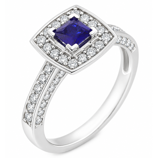 vintage art deco style square blue sapphire round cut diamond halo style cluster ring cushion shape setting platinum gold