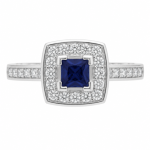 vintage art deco style square blue sapphire round cut diamond halo style cluster ring cushion shape setting platinum gold