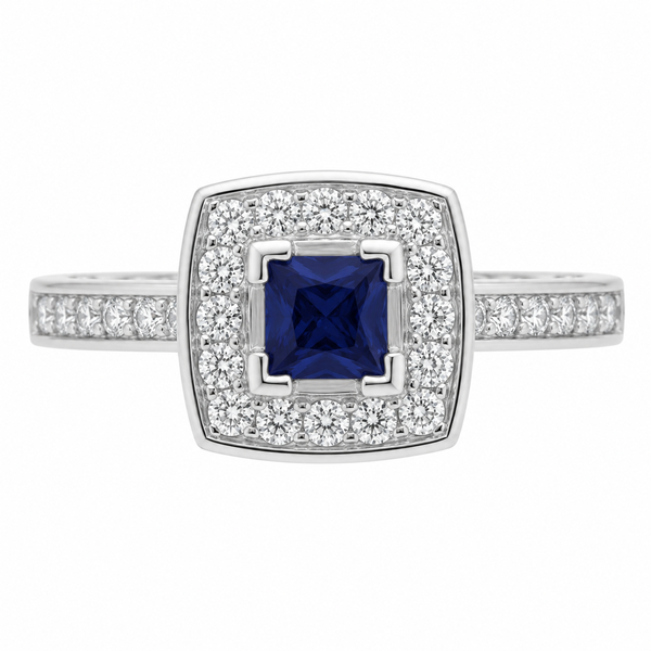 vintage art deco style square blue sapphire round cut diamond halo style cluster ring cushion shape setting platinum gold