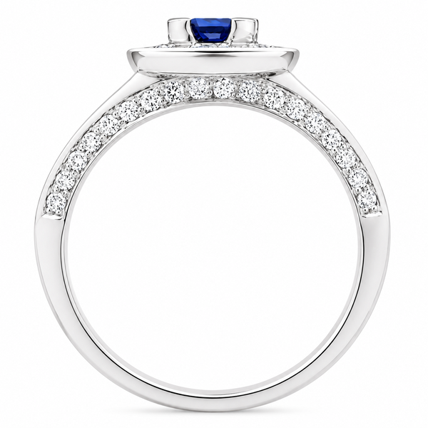 vintage art deco style square blue sapphire round cut diamond halo style cluster ring cushion shape setting platinum gold