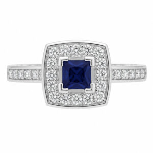 vintage art deco style square blue sapphire round cut diamond halo style cluster ring cushion shape setting platinum gold