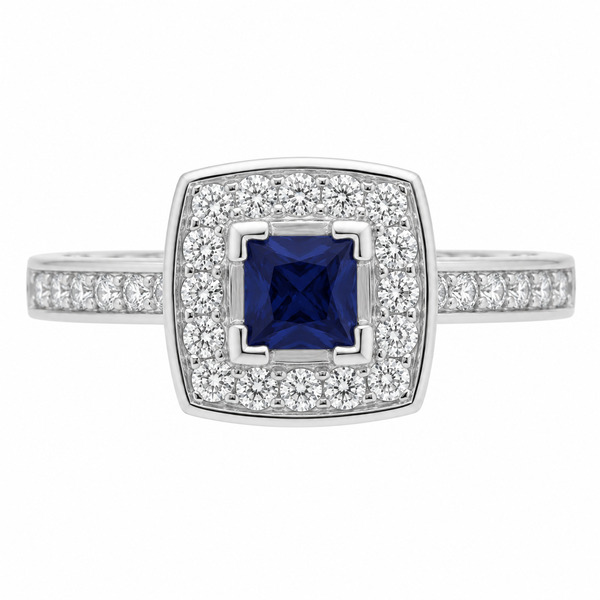 vintage art deco style square blue sapphire round cut diamond halo style cluster ring cushion shape setting platinum gold