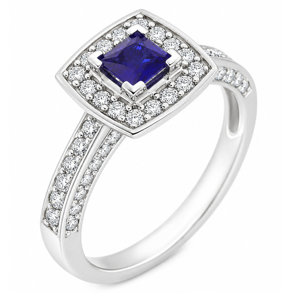 vintage art deco style square blue sapphire round cut diamond halo style cluster ring cushion shape setting platinum gold