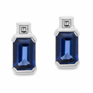 Art Deco style Emerald step cut blue sapphire & Carre Cut shape natural Diamond Earrings platinum gold