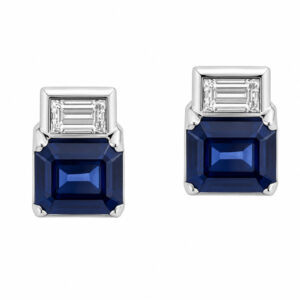 Art Deco style Emerald step cut blue sapphire & Baguette Cut shape natural Diamond Earrings platinum gold