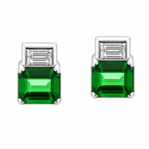 Art Deco style Emerald step cut green emerald & Baguette Cut shape natural Diamond Earrings platinum gold