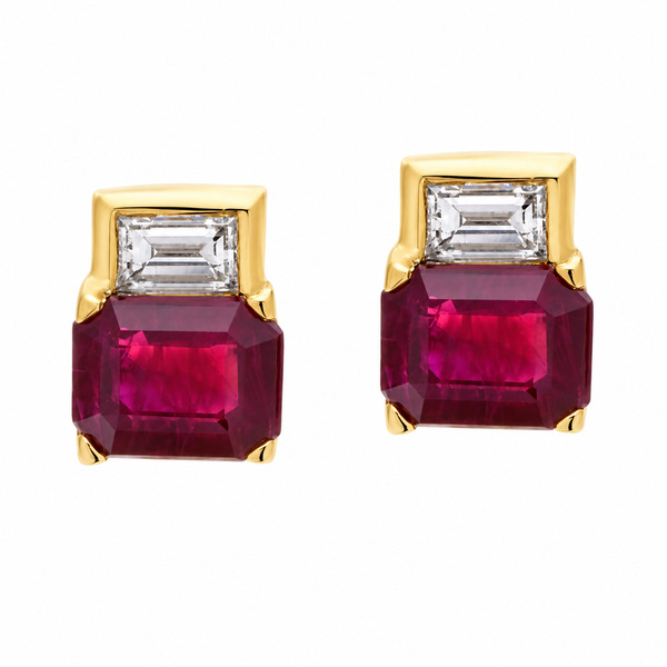 Art Deco style Emerald step cut Ruby Rubies & Baguette Cut shape natural Diamond Earrings platinum gold