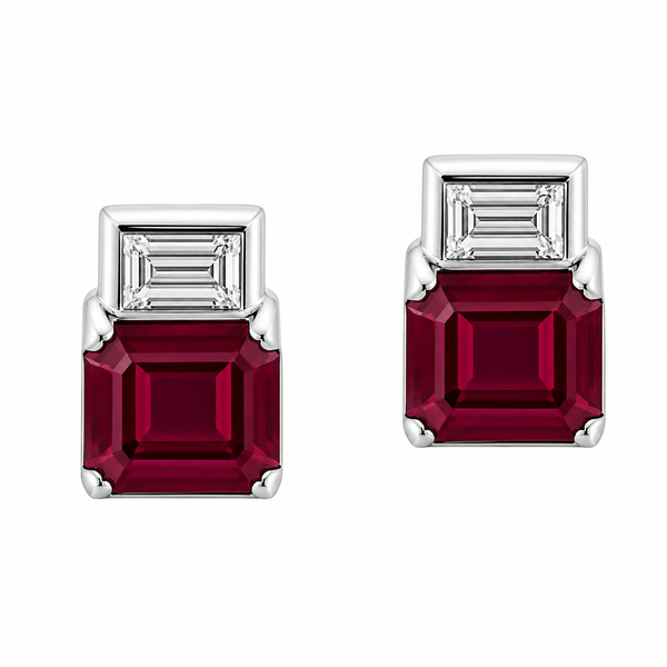 Art Deco style Emerald step cut Ruby Rubies & Baguette Cut shape natural Diamond Earrings platinum gold