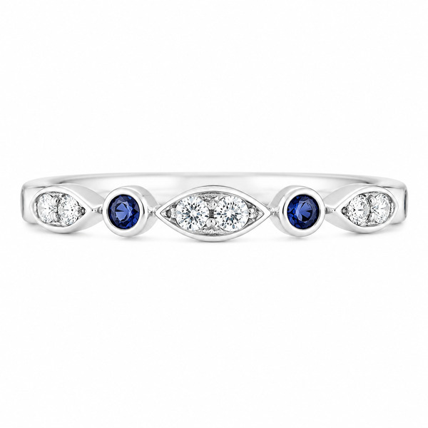 Essi fancy shaped marquise shape round brilliant cut diamond blue sapphire half eternity ring platinum gold