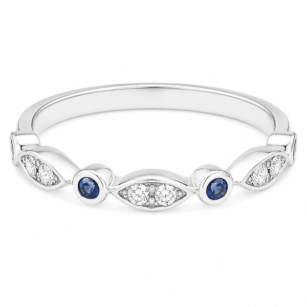 Essi fancy shaped marquise shape round brilliant cut diamond blue sapphire half eternity ring platinum gold