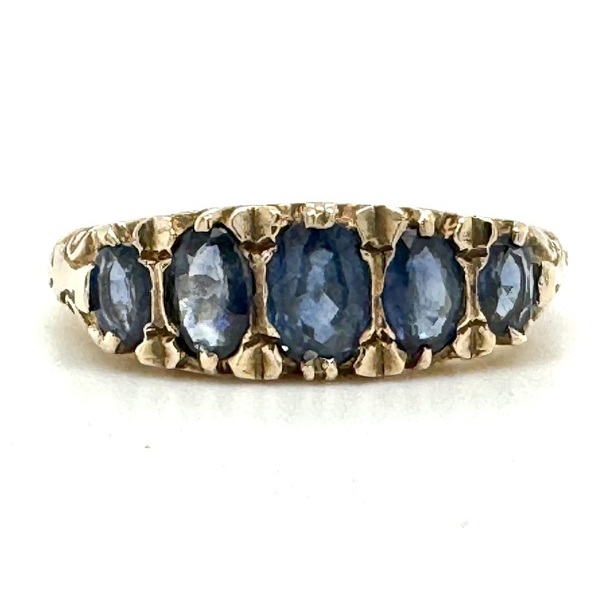 Vintage used second hand Oval shape Blue Sapphire Scroll Eternity style Ring 9ct gold