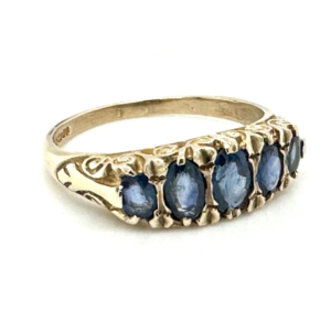 Vintage used second hand Oval shape Blue Sapphire Scroll Eternity style Ring 9ct gold