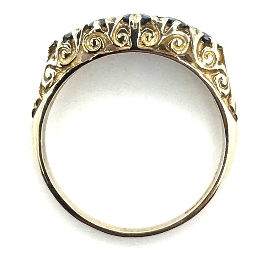 Vintage used second hand Oval shape Blue Sapphire Scroll Eternity style Ring 9ct gold
