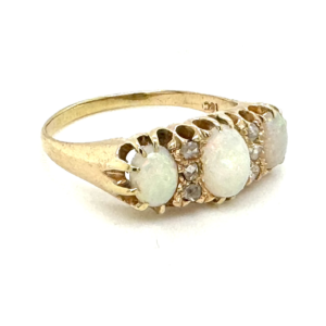 Vintage second hand used oval Opal & Diamond Trilogy Ring old cut diamonds scroll 18ct gold