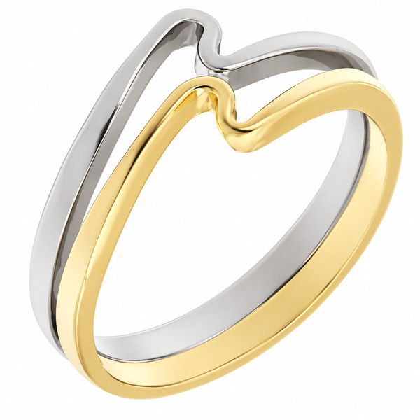Modernist two 2 colour white yellow gold designer wave design ring crossover platinum modern contemporary