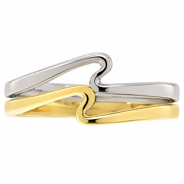 Modernist two 2 colour white yellow gold designer wave design ring crossover platinum modern contemporary