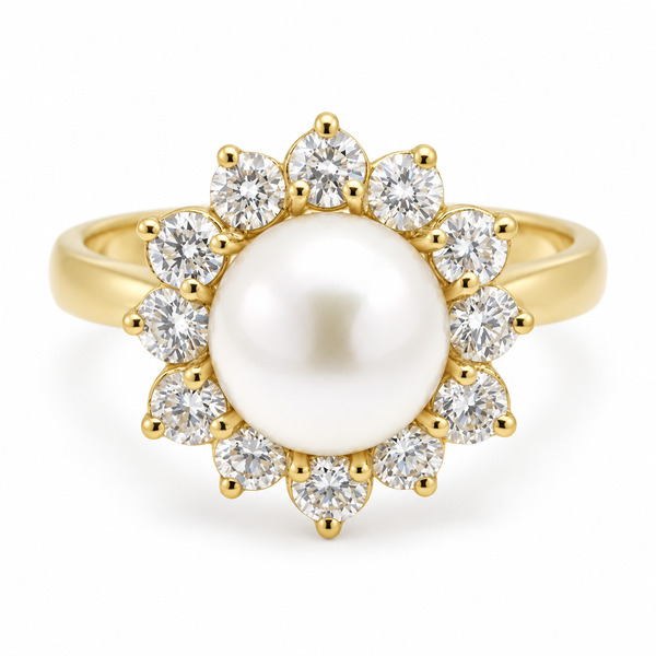 Petal floral organic flower classic Pearl & Round Diamond Halo Cluster Ring claw set platinum gold