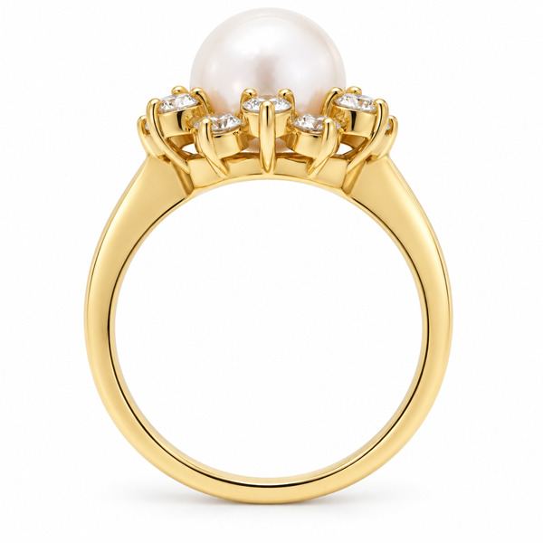 Petal floral organic flower classic Pearl & Round Diamond Halo Cluster Ring claw set platinum gold