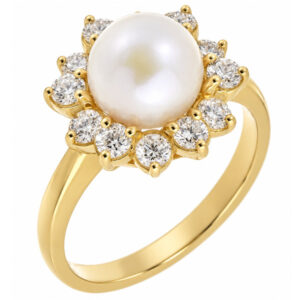 Petal floral organic flower classic Pearl & Round Diamond Halo Cluster Ring claw set platinum gold