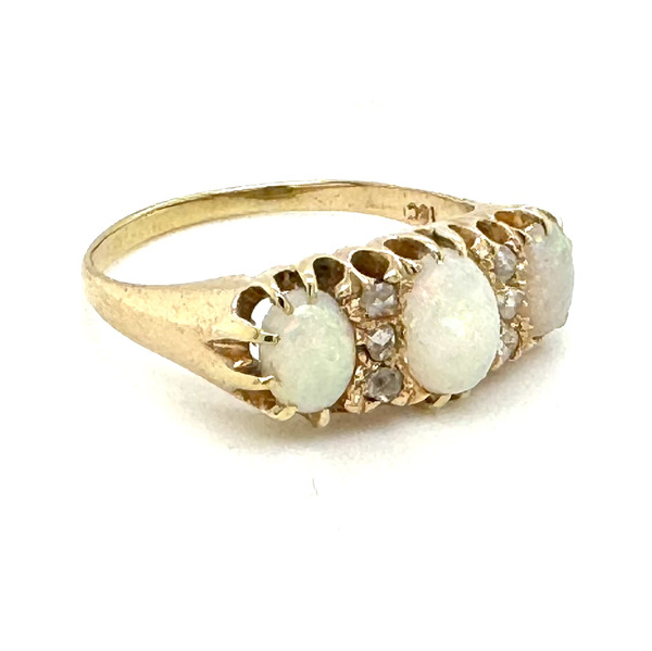 Vintage second hand used oval Opal & Diamond Trilogy Ring old cut diamonds scroll 18ct gold
