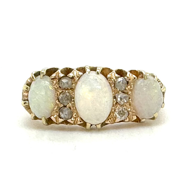 Vintage second hand used oval Opal & Diamond Trilogy Ring old cut diamonds scroll 18ct gold
