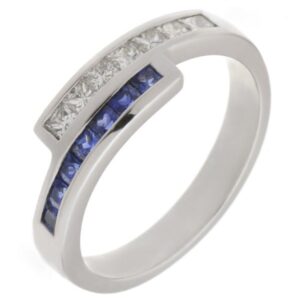 Modern modernist contmporary crossover style two row eternity ring channel set princess cut diamond & square blue sapphire platinum gold