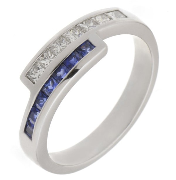 Modern modernist contmporary crossover style two row eternity ring channel set princess cut diamond & square blue sapphire platinum gold