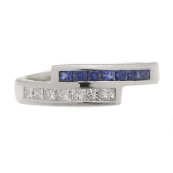 Modern modernist contmporary crossover style two row eternity ring channel set princess cut diamond & square blue sapphire platinum gold