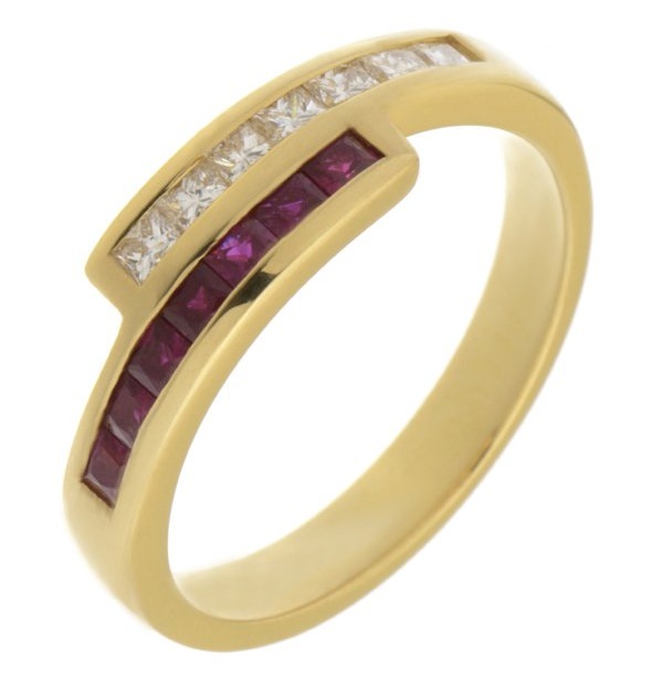 Modern modernist contmporary crossover style two row eternity ring channel set princess cut diamond Ruby platinum gold