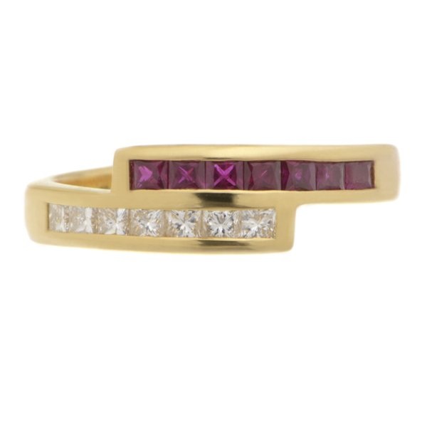 Modern modernist contmporary crossover style two row eternity ring channel set princess cut diamond Ruby platinum gold
