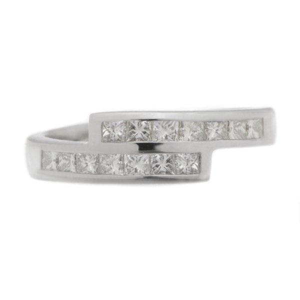 Modern modernist contmporary crossover style two row eternity ring channel set princess cut diamonds platinum gold