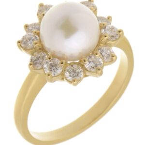 Petal floral organic flower classic Pearl & Round Diamond Halo Cluster Ring claw set platinum gold