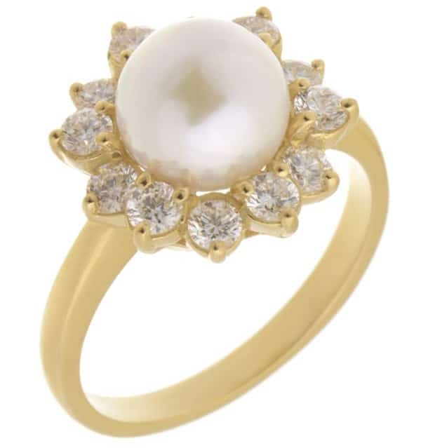 Petal floral organic flower classic Pearl & Round Diamond Halo Cluster Ring claw set platinum gold