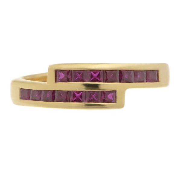 Modern modernist contmporary crossover style two row eternity ring channel set Ruby rubies platinum gold
