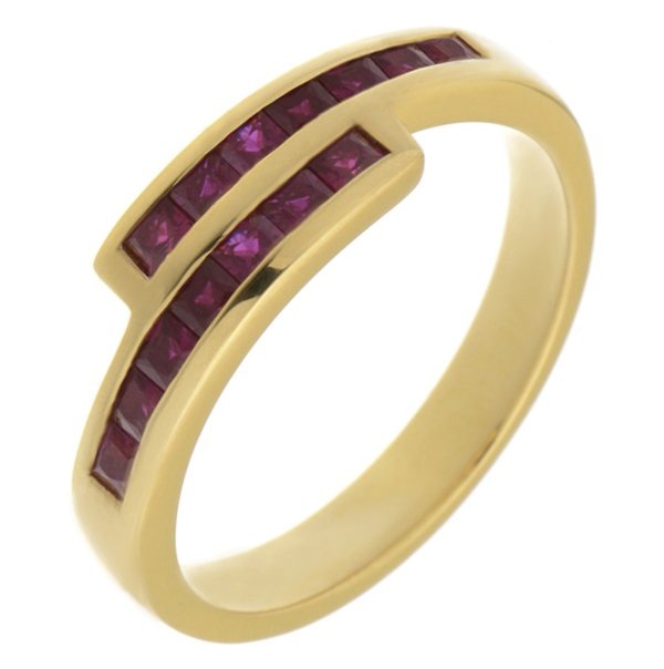 Modern modernist contmporary crossover style two row eternity ring channel set Ruby rubies platinum gold