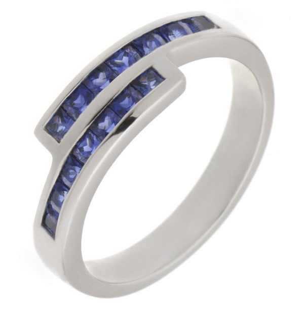 Modern modernist contmporary crossover style two row eternity ring channel set cut square blue sapphire platinum gold