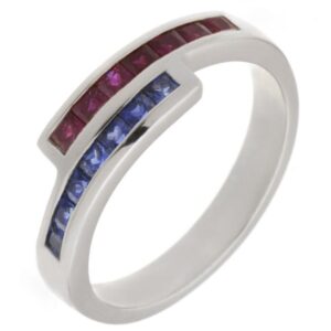 Modern modernist contmporary crossover style two row eternity ring channel set Ruby rubies & blue sapphire platinum gold