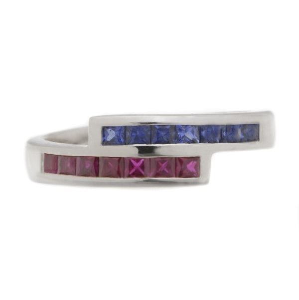 Modern modernist contmporary crossover style two row eternity ring channel set Ruby rubies & blue sapphire platinum gold