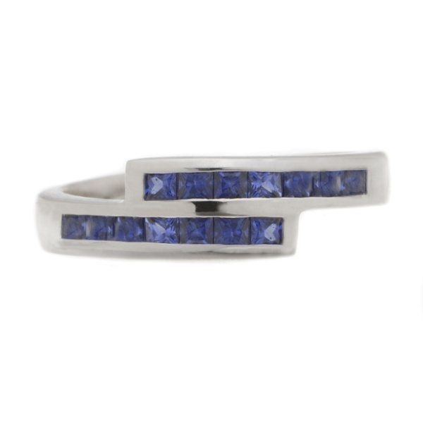 Modern modernist contmporary crossover style two row eternity ring channel set cut square blue sapphire platinum gold