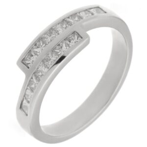 Modern modernist contmporary crossover style two row eternity ring channel set princess cut diamonds platinum gold