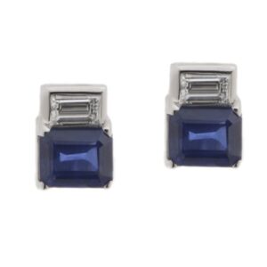 Art Deco style Emerald cut blue sapphire & Baguette Cut shape natural Diamond Earrings platinum gold