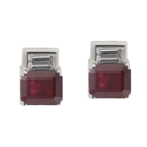 Art Deco style Emerald step cut Ruby Rubies & Baguette Cut shape natural Diamond Earrings platinum gold