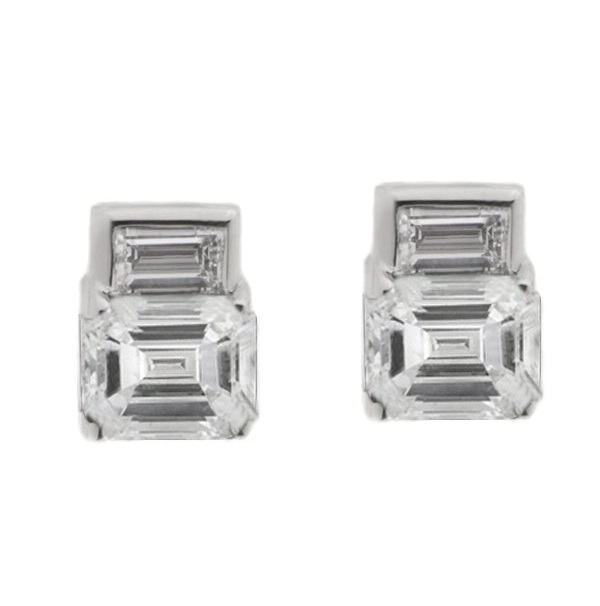 Art Deco style Emerald & Baguette Cut shape natural Diamond Earrings platinum gold