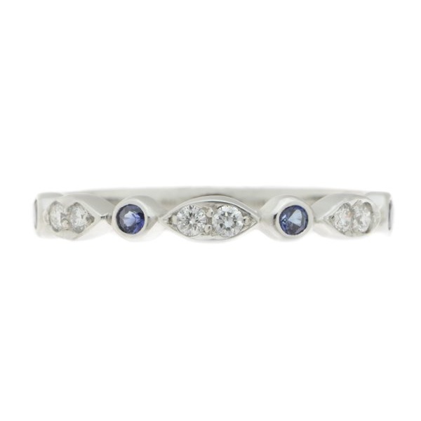 Essi fancy shaped marquise shape round brilliant cut diamond blue sapphire half eternity ring platinum gold