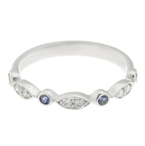 Essi fancy shaped marquise shape round brilliant cut diamond blue sapphire half eternity ring platinum gold