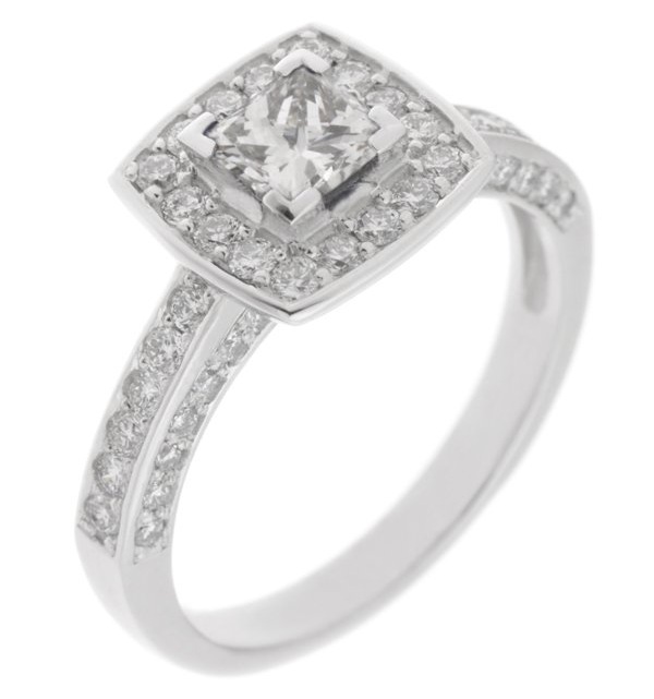 vintage art deco style princess round brilliant cut diamond halo style cluster ring cushion shape setting platinum gold