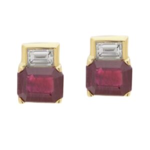Art Deco style Emerald step cut Ruby Rubies & Baguette Cut shape natural Diamond Earrings platinum gold