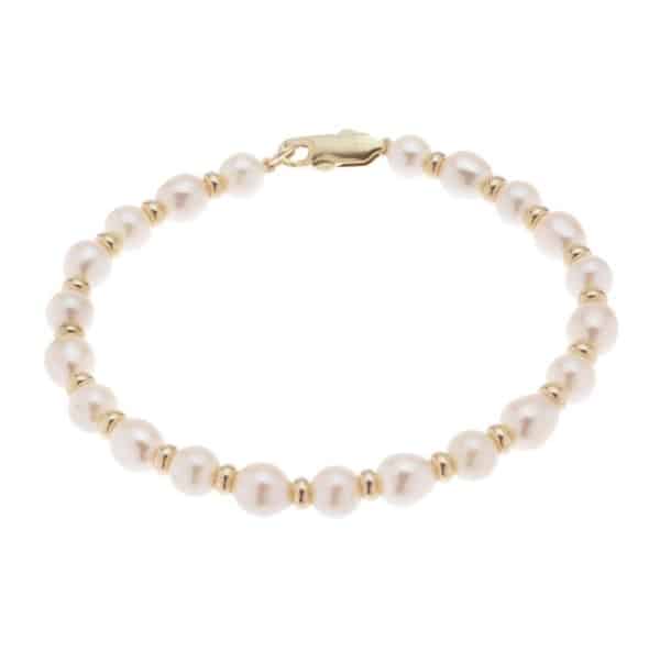 White Barrel Shaped Cultured River Pearl & Gold Bead Bracelet modern classic