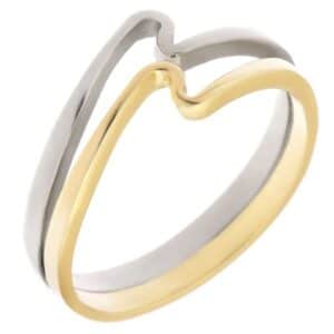 Modernist two 2 colour white yellow gold designer wave design ring crossover platinum modern contemporary