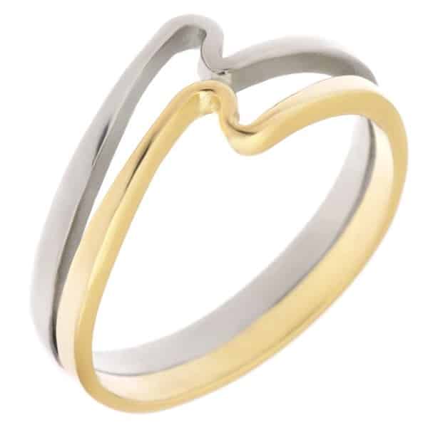 Modernist two 2 colour white yellow gold designer wave design ring crossover platinum modern contemporary